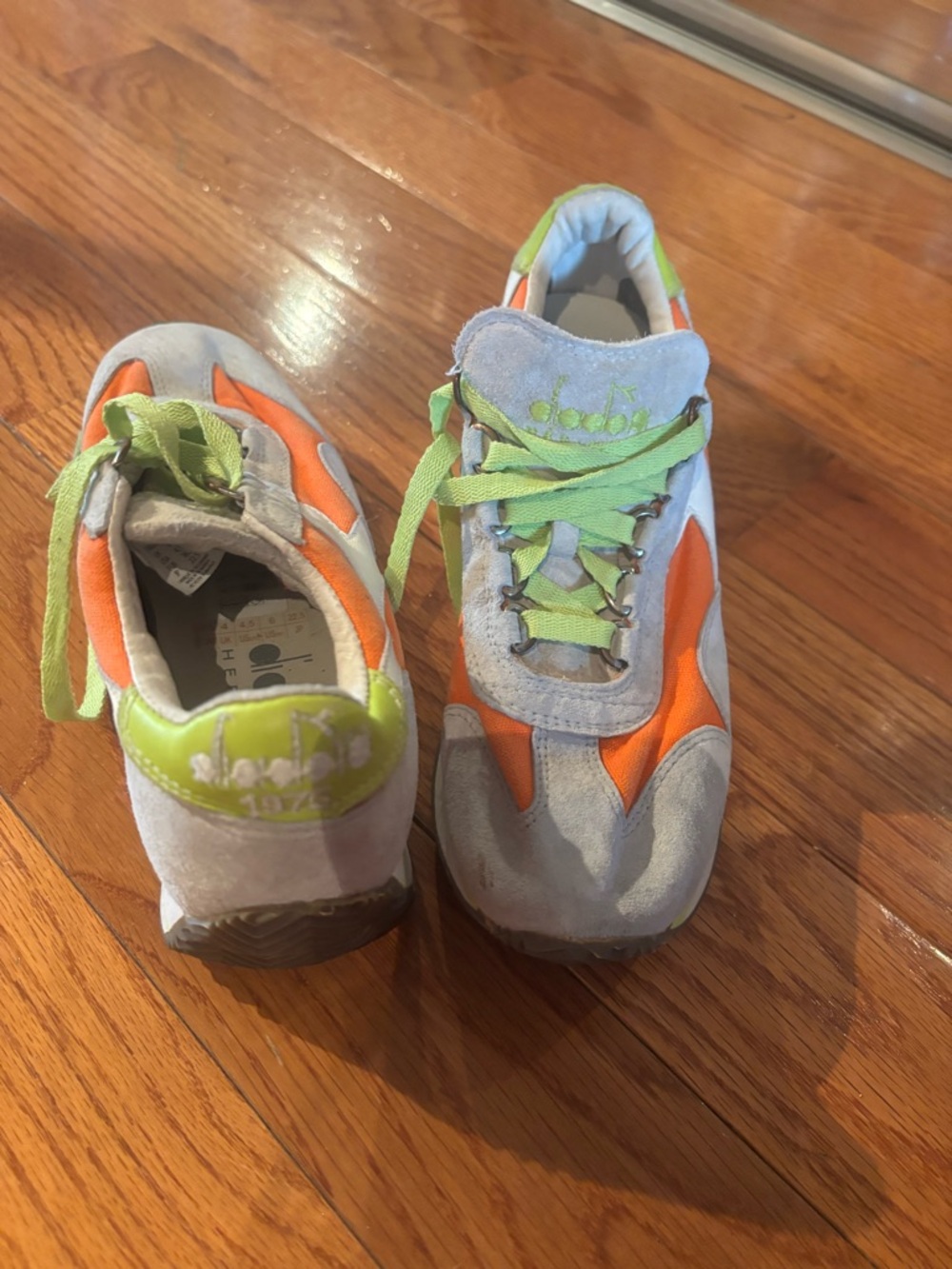 Diadora Gray Suede Sneakers with Orange Panels and Lime Laces - Picture 7 of 10